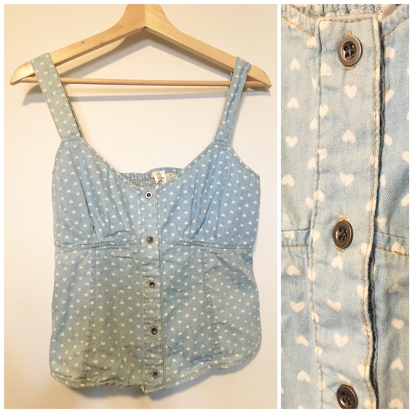 Light Blue Cotton Heart Print Tank Top, Size Medium - Picture 1 of 2